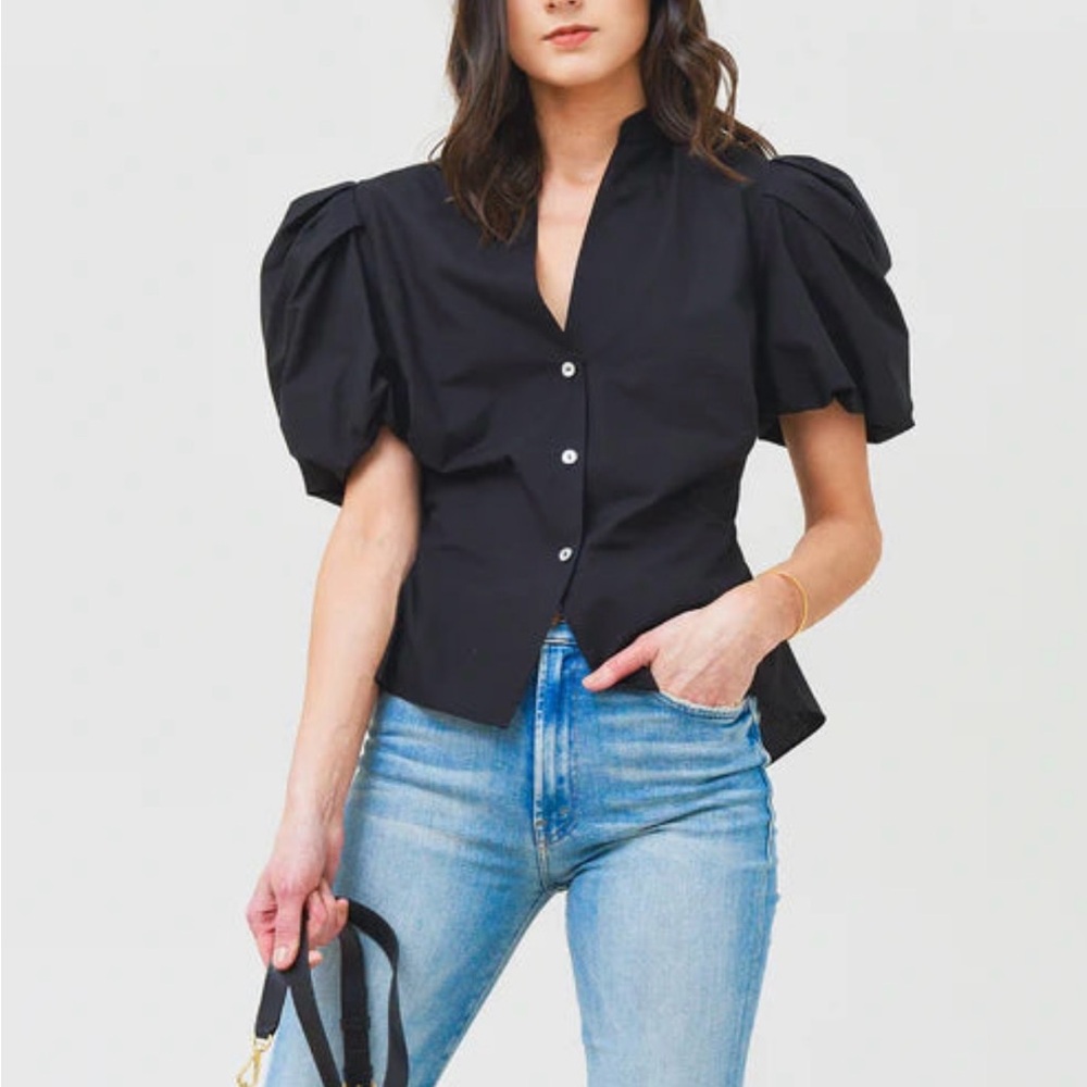 VINCE Black Drape Puff Sleeves Blouse Cut Out Size 0 Original $295